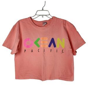 Ocean Pacific Cropped Shirt VTG OP Single Stitch Womens OSFM Neon Coral Peach